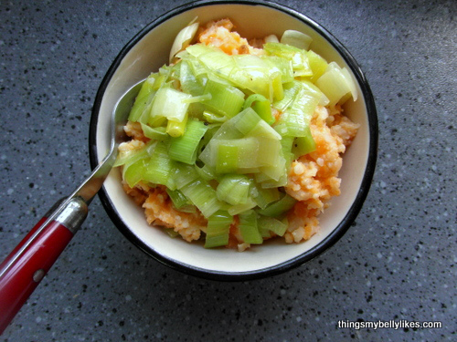 Sweet Potato & Cauliflower Mash Topped with Garlic Leeks